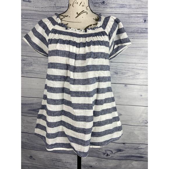 BeachLunchLounge Linen Tee Shirt Womens S Off On Shoulder Smocked Pleat Striped - Picture 1 of 15